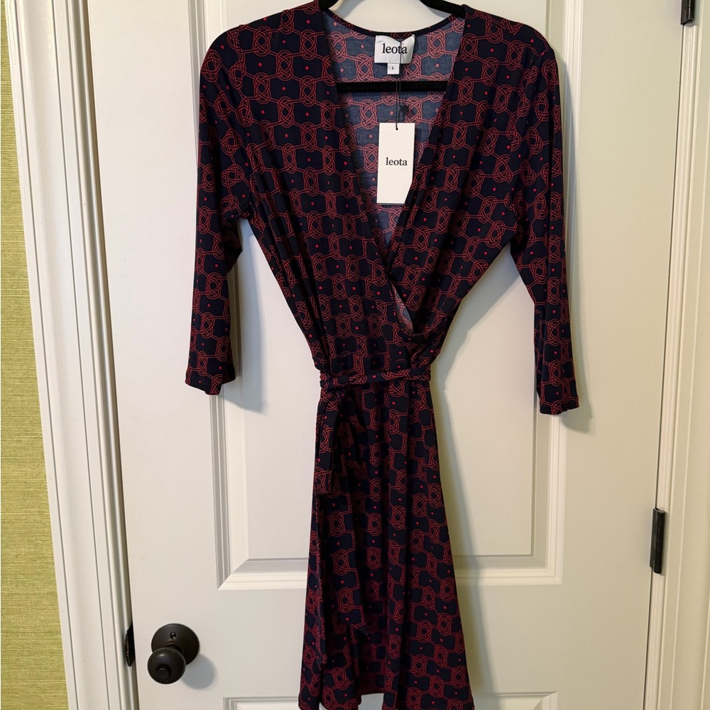 Leota Navy and Red Geometric Wrap Mini Dress